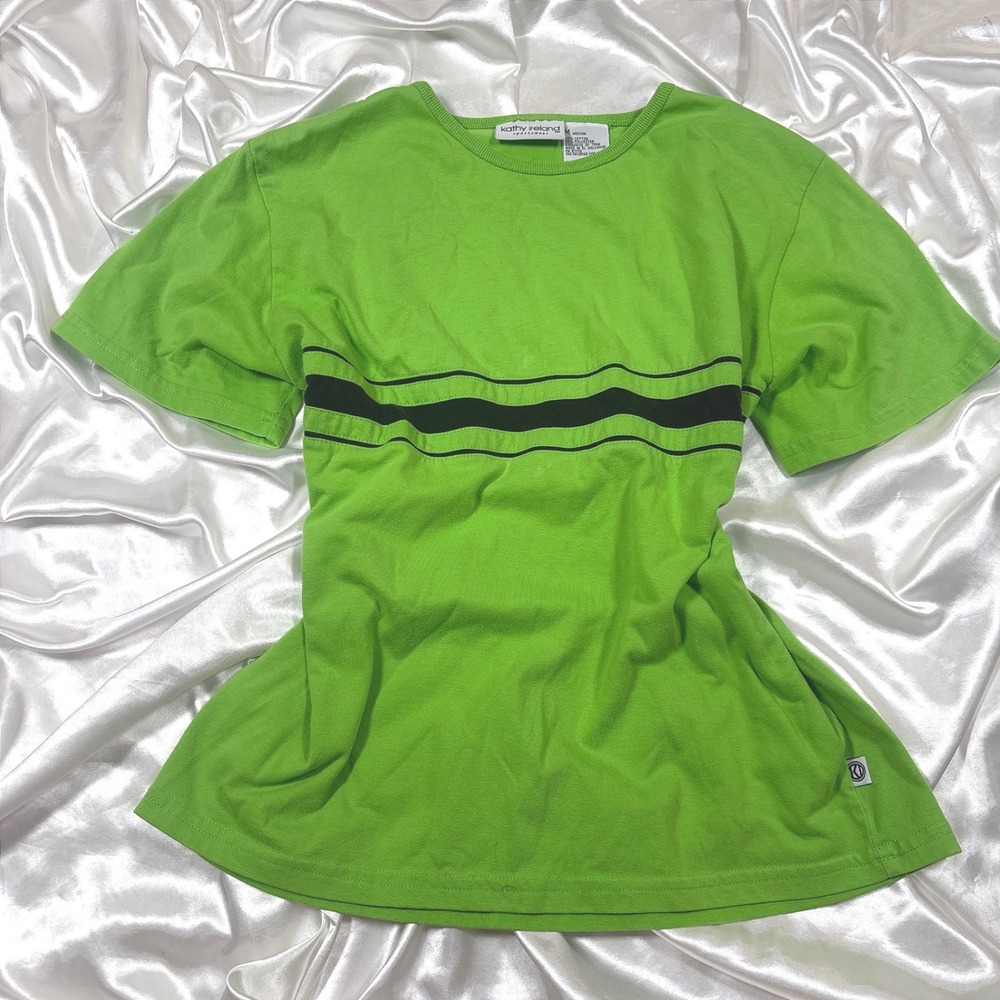 y2k T-Shirt Lime Green Excellent Kathy Ireland Sportswear Black Stripe Tee
